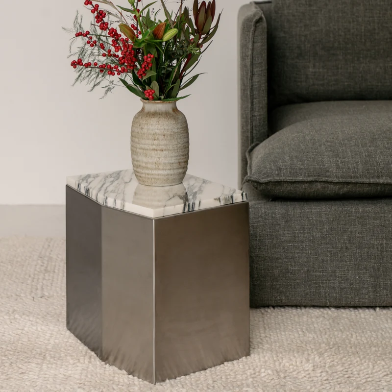 Table basse métal - Creully - Acier inoxydable avec marbre bleu et blanc