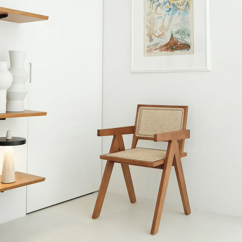 Chaise de salle à manger avec accoudoirs - Ambazac - Noyer - Assise en rotin
