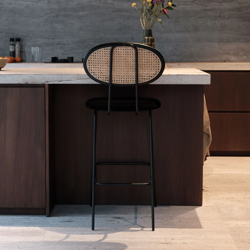 Tabouret de Bar Retro - Dublin - Noir/Rotin Naturel