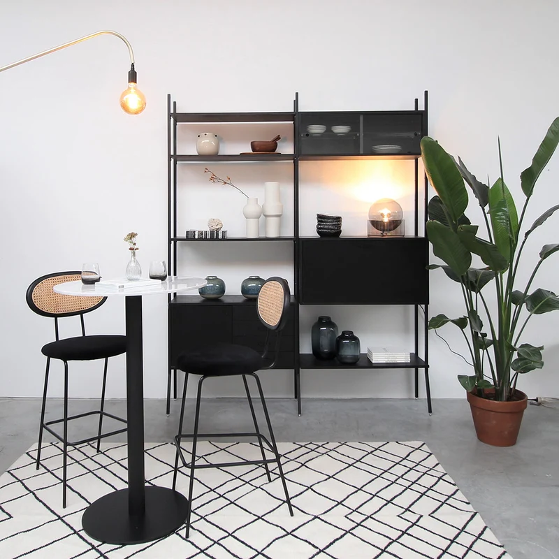 Tabouret de Bar Retro - Dublin - Noir/Rotin Naturel
