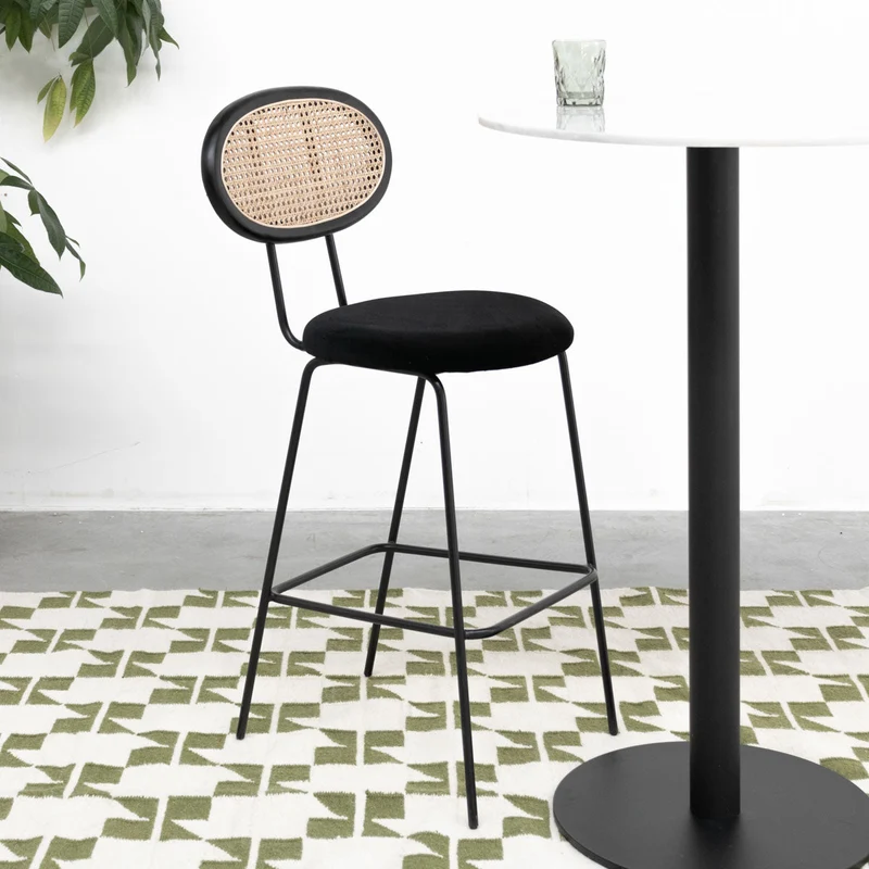 Tabouret de Bar Retro - Dublin - Noir/Rotin Naturel