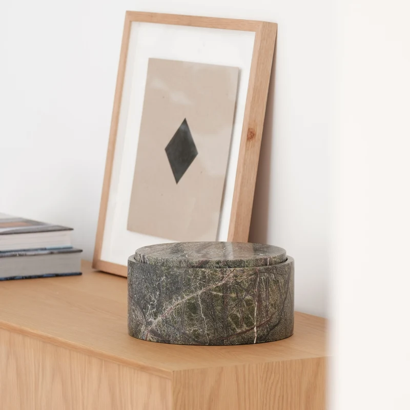 Bol de rangement en travertin avec couvercle - Marbre vert forêt - H12 cm