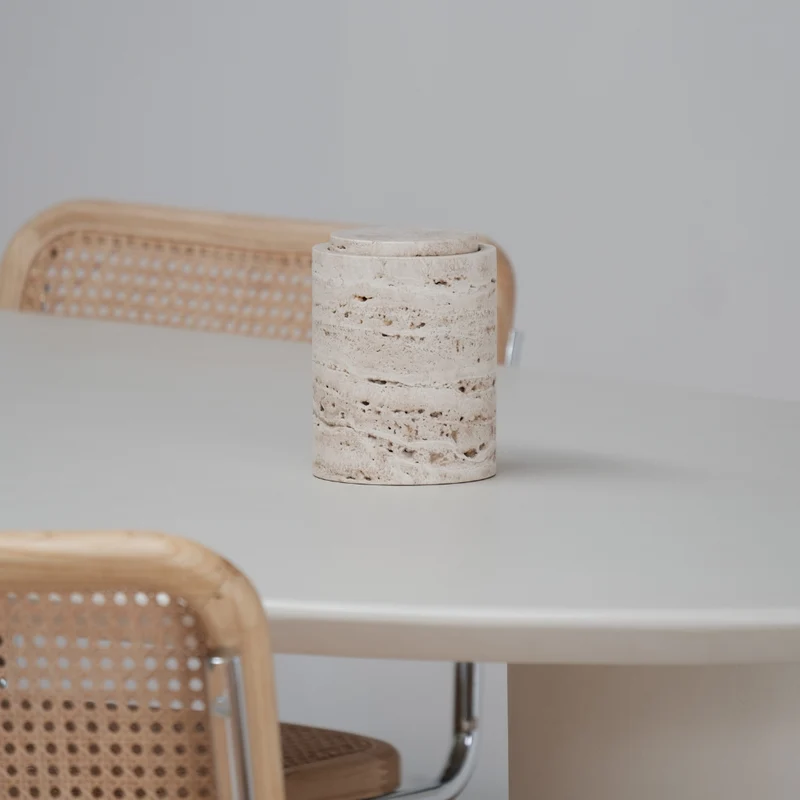 Bol de rangement avec couvercle - Grès blanc - Travertin - H 15,8 cm