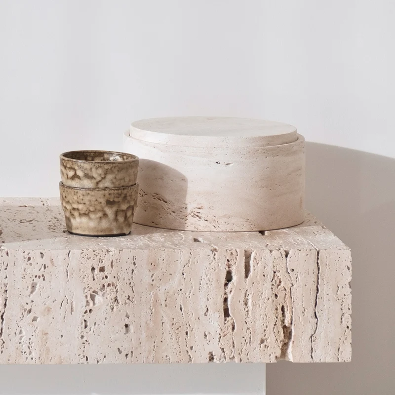 Bol de rangement en travertin avec couvercle - Grès blanc - H12 cm