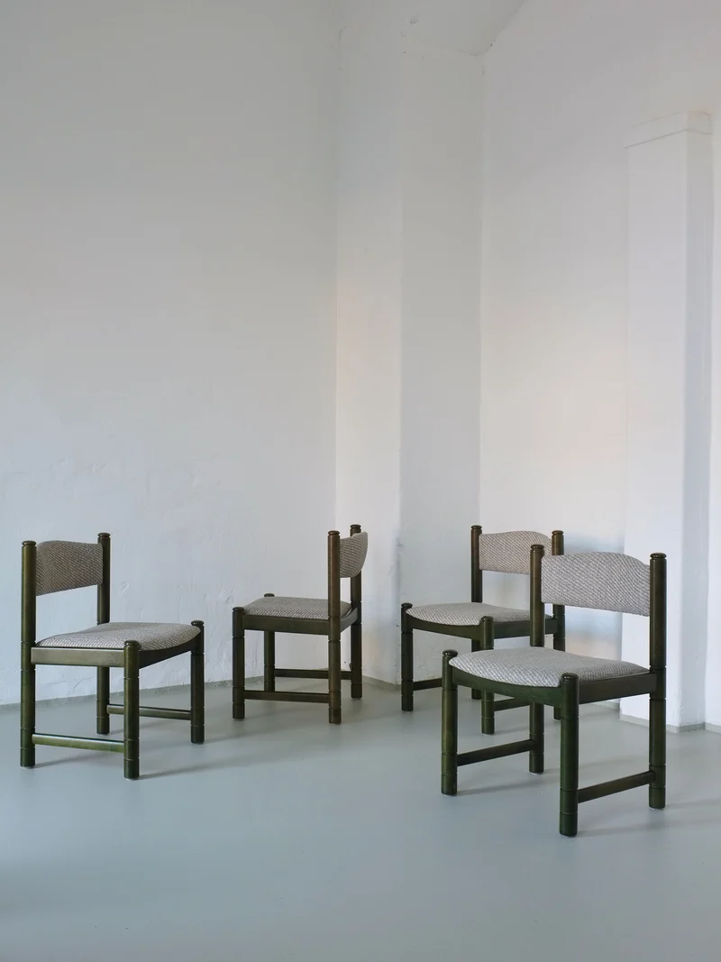 4 Green Carved Wooden Chairs, Scandinavia 1960s