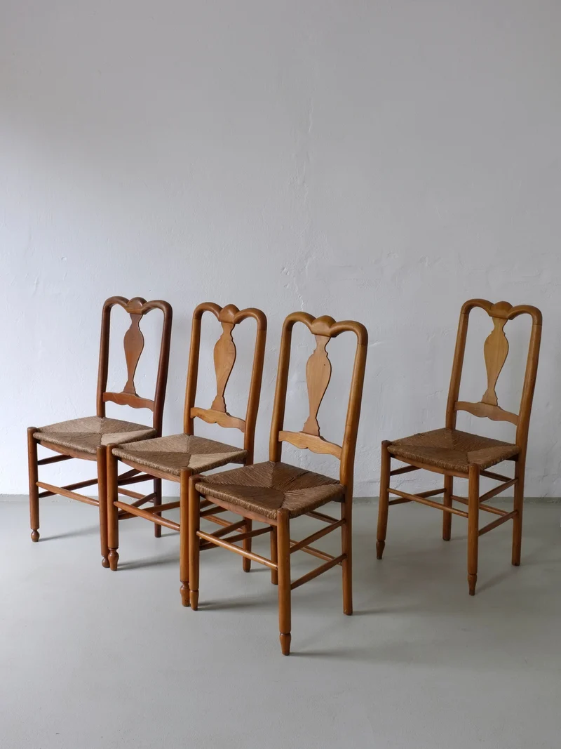 Rustic Rush Seat Chairs, Belgium 1940s