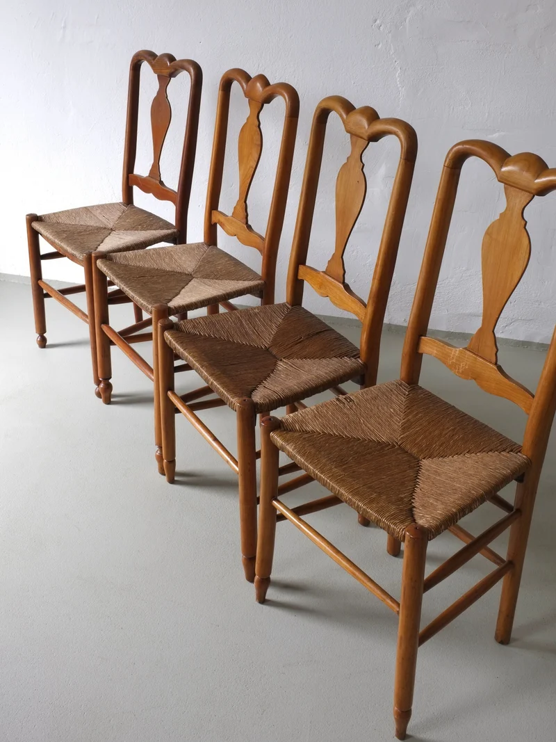 Rustic Rush Seat Chairs, Belgium 1940s