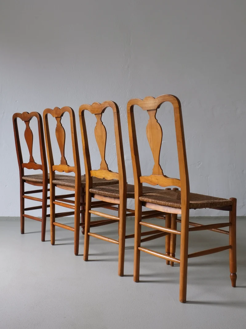 Rustic Rush Seat Chairs, Belgium 1940s