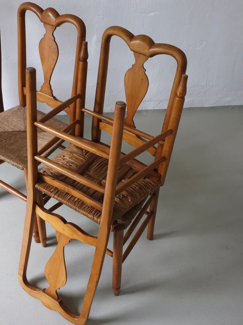 Rustic Rush Seat Chairs, Belgium 1940s