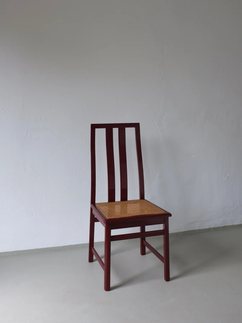 4 Glossy Wine Red Cane Seat Chairs | Italy | 1970s