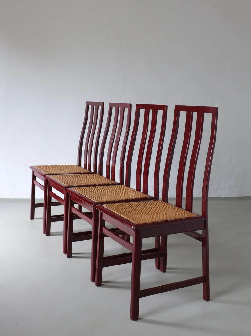 4 Glossy Wine Red Cane Seat Chairs | Italy | 1970s