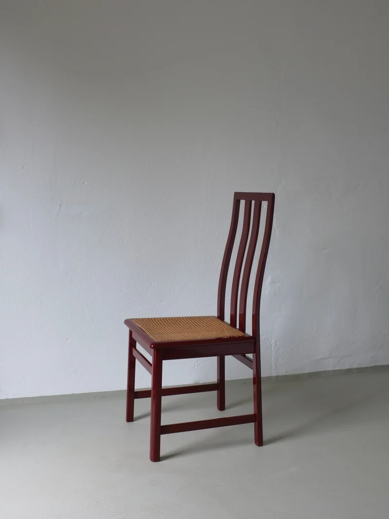 4 Glossy Wine Red Cane Seat Chairs | Italy | 1970s