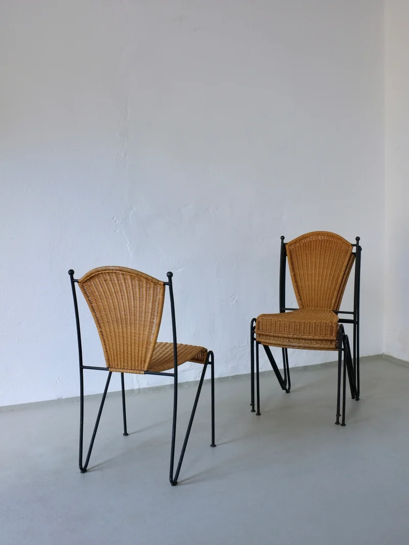 4 Frederick Weinberg Wicker Iron Chairs | 1960s