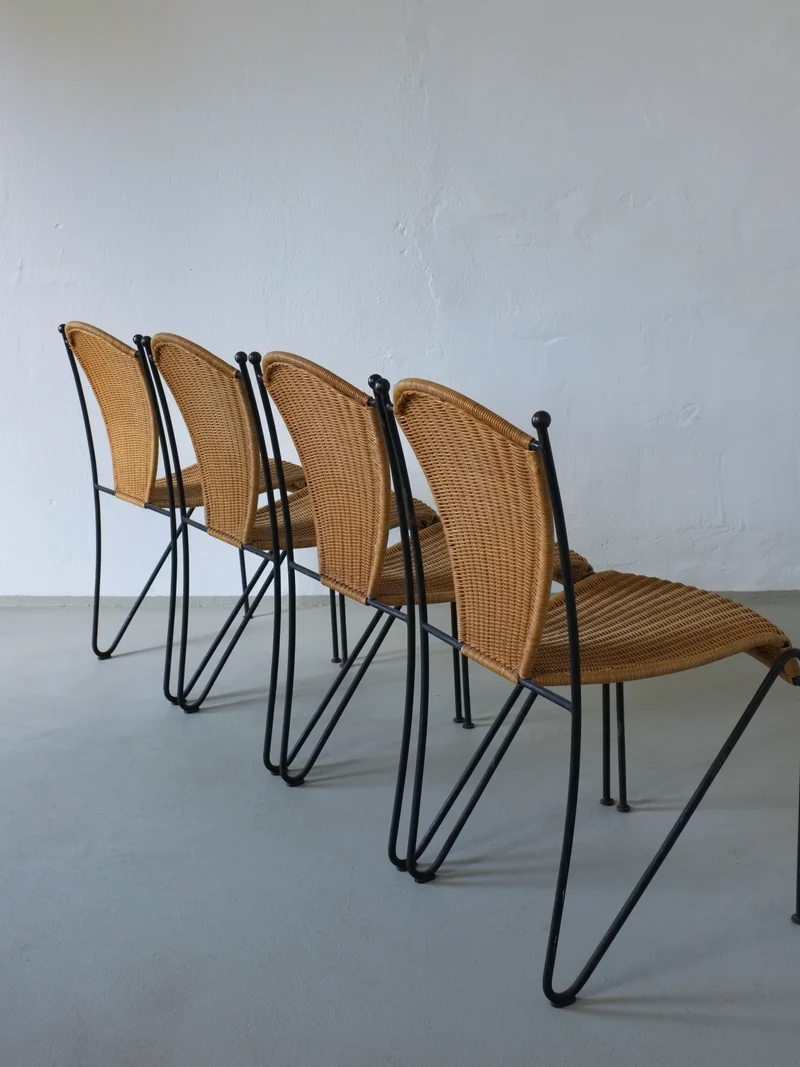4 Frederick Weinberg Wicker Iron Chairs | 1960s