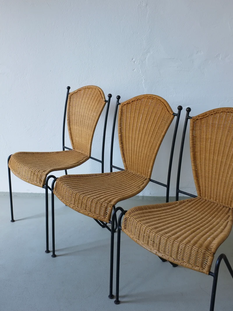 4 Frederick Weinberg Wicker Iron Chairs | 1960s