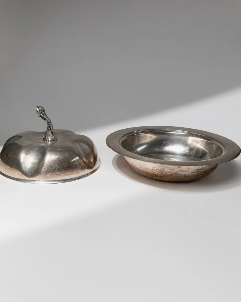 Vintage Bowl with Lid Silver Plated - Pumpkin Shape Design 1940s - Elegant Centerpiece