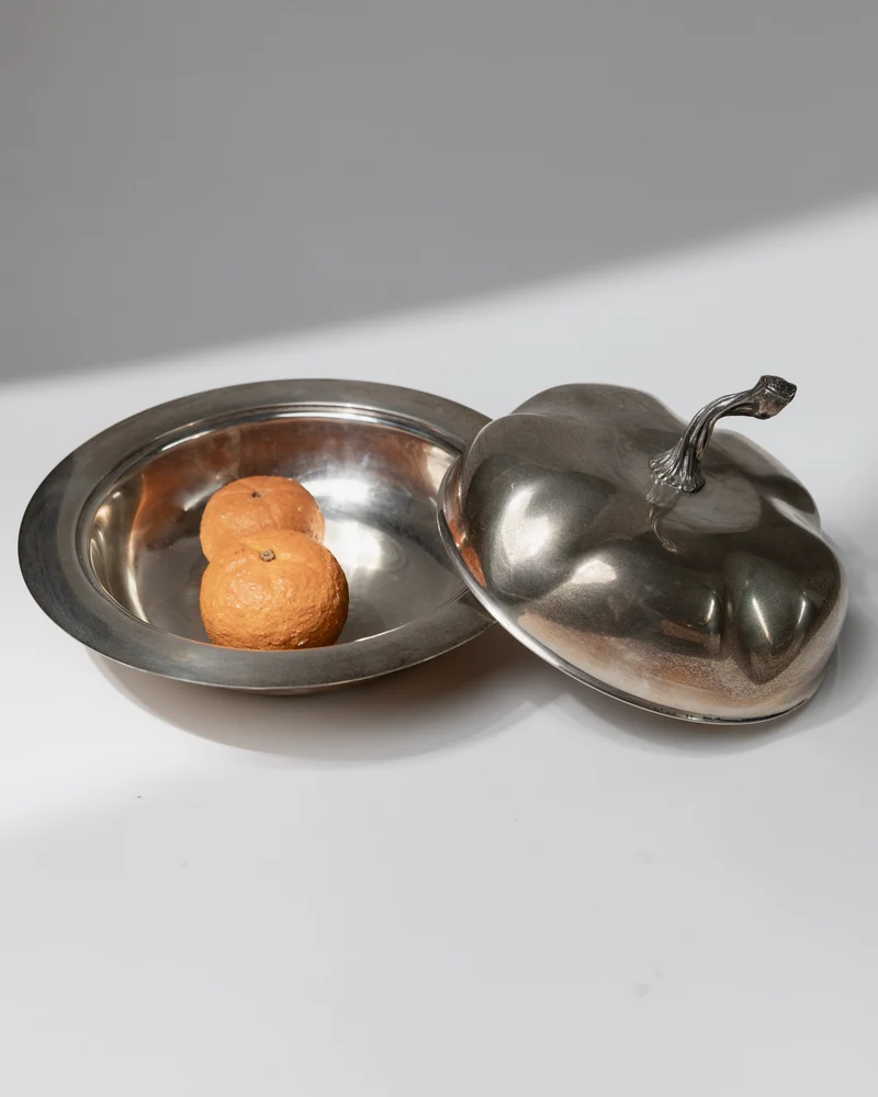 Vintage Bowl with Lid Silver Plated - Pumpkin Shape Design 1940s - Elegant Centerpiece