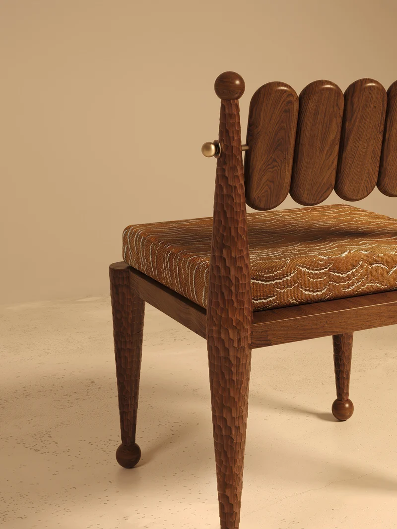 SIMORGH I – Carved Walnut with Pierre Frey Upholstery