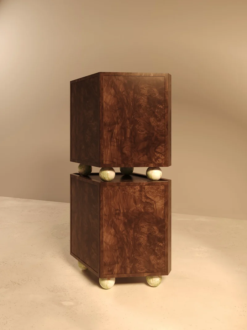 ORO I – Walnut Burl Veneer Cabinet with Onyx Spheres