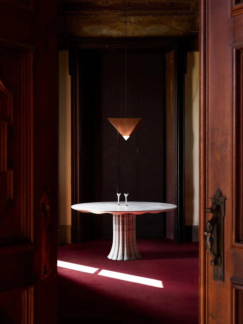Drapery Table in Silver Travertine