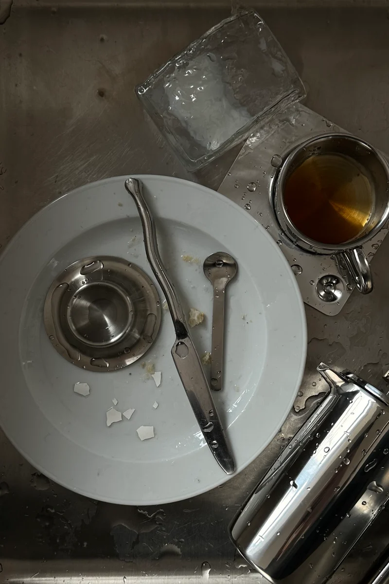 'HEDONISM' stainless steel cup with saucer