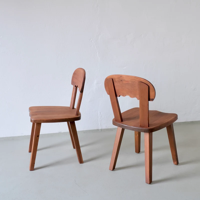 2 Rustic Carved Stained Pine Chairs | Sweden | 1940s