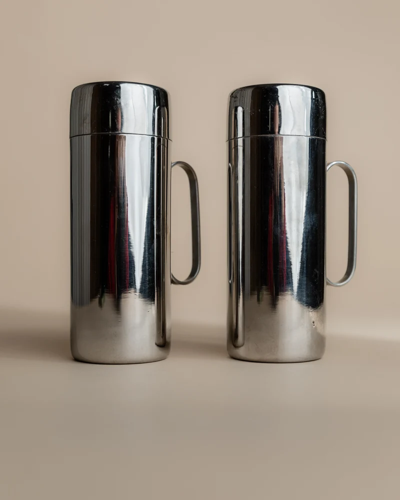 Vintage 1980s Oil and Vinegar Set, Stainless Steel with Two Lidded Jugs, Design Italy