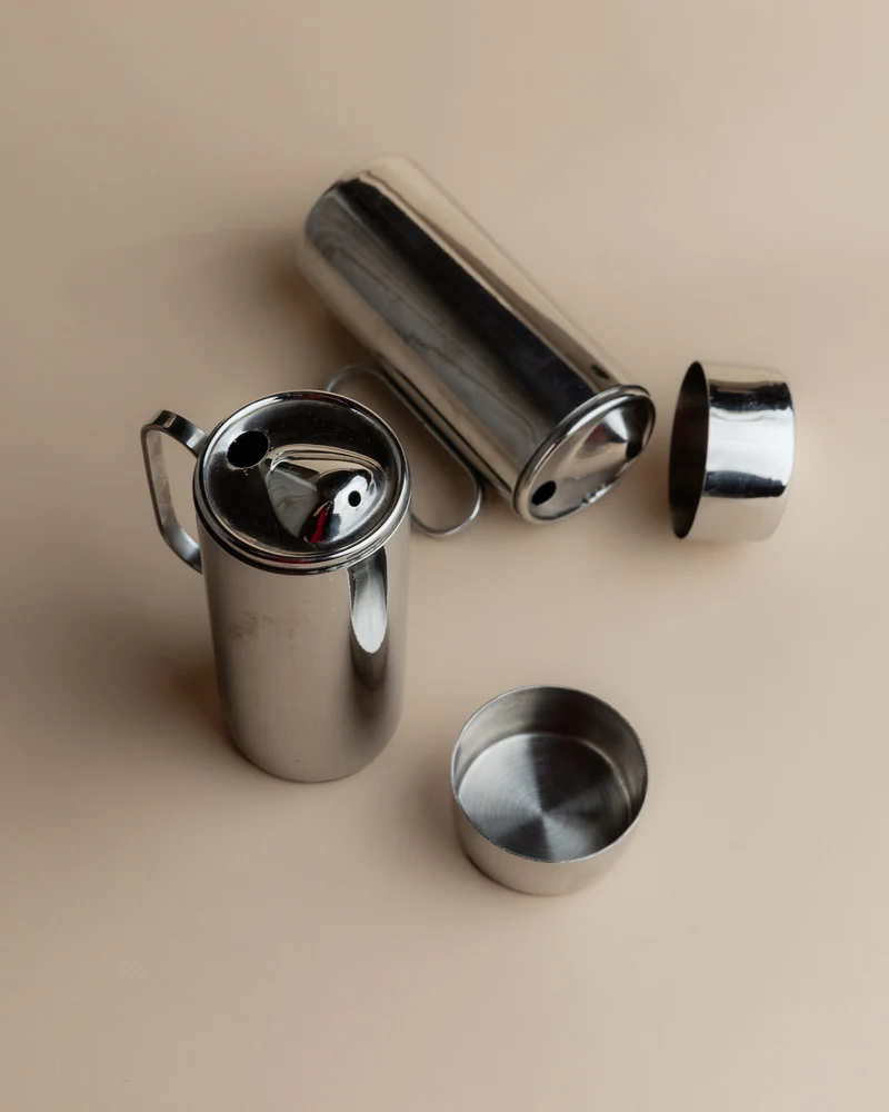 Vintage 1980s Oil and Vinegar Set, Stainless Steel with Two Lidded Jugs, Design Italy