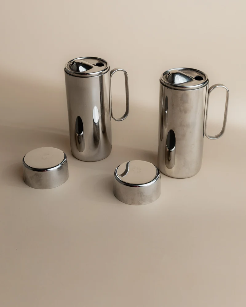 Vintage 1980s Oil and Vinegar Set, Stainless Steel with Two Lidded Jugs, Design Italy