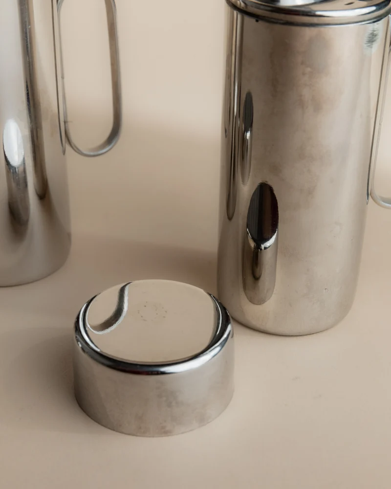 Vintage 1980s Oil and Vinegar Set, Stainless Steel with Two Lidded Jugs, Design Italy