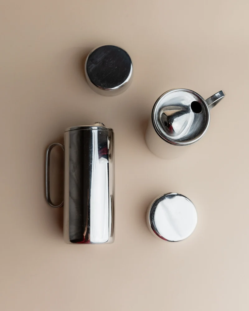Vintage 1980s Oil and Vinegar Set, Stainless Steel with Two Lidded Jugs, Design Italy