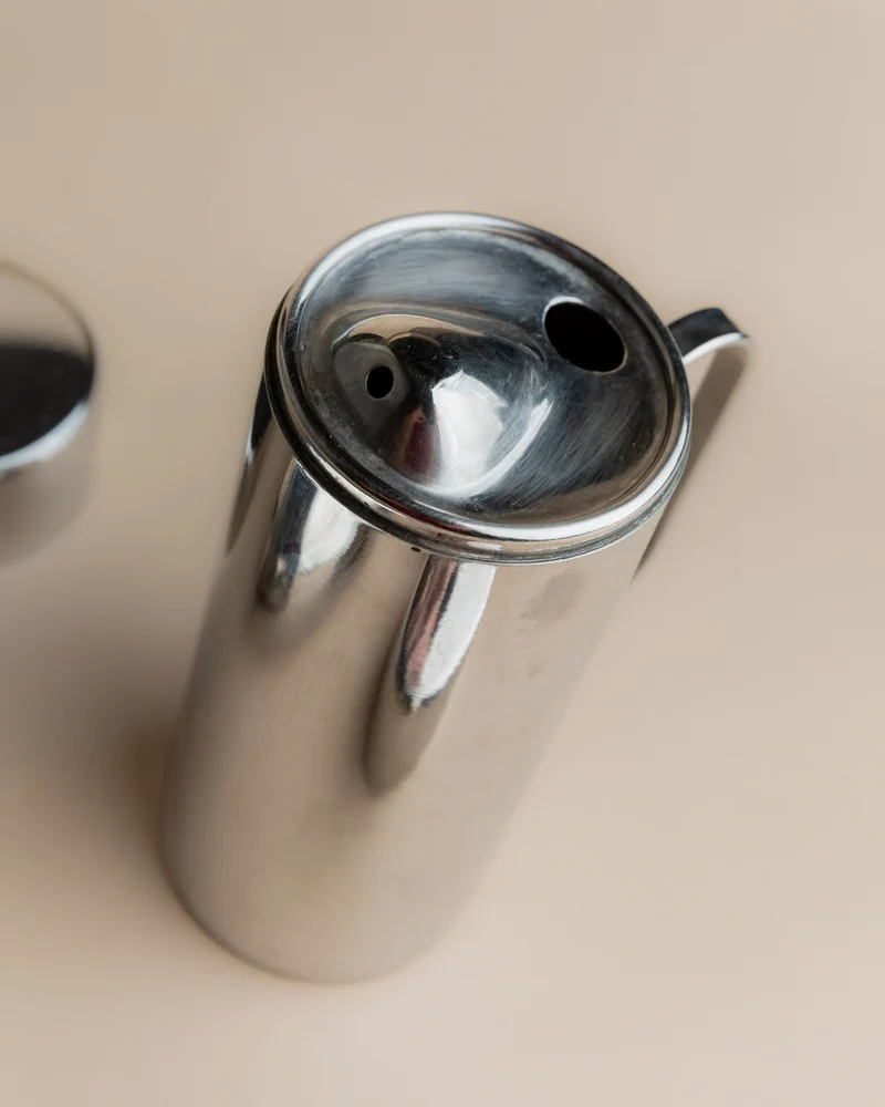 Vintage 1980s Oil and Vinegar Set, Stainless Steel with Two Lidded Jugs, Design Italy