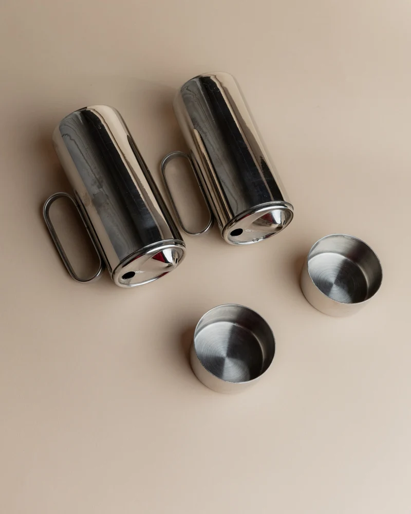 Vintage 1980s Oil and Vinegar Set, Stainless Steel with Two Lidded Jugs, Design Italy