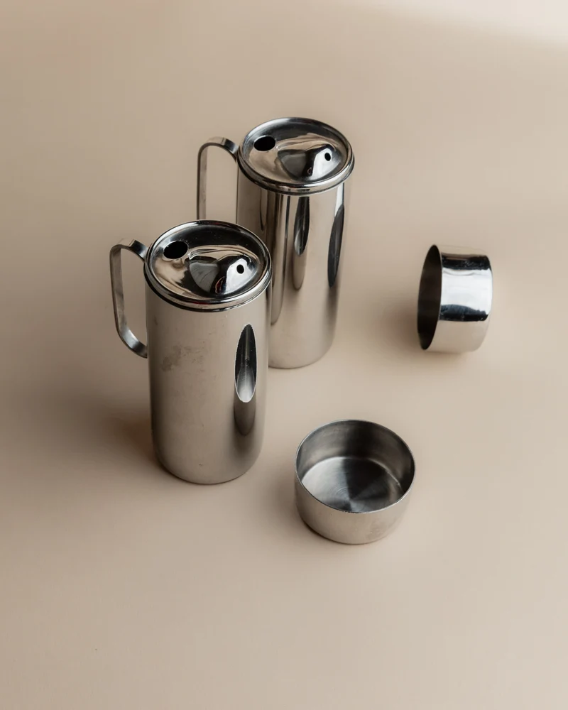 Vintage 1980s Oil and Vinegar Set, Stainless Steel with Two Lidded Jugs, Design Italy