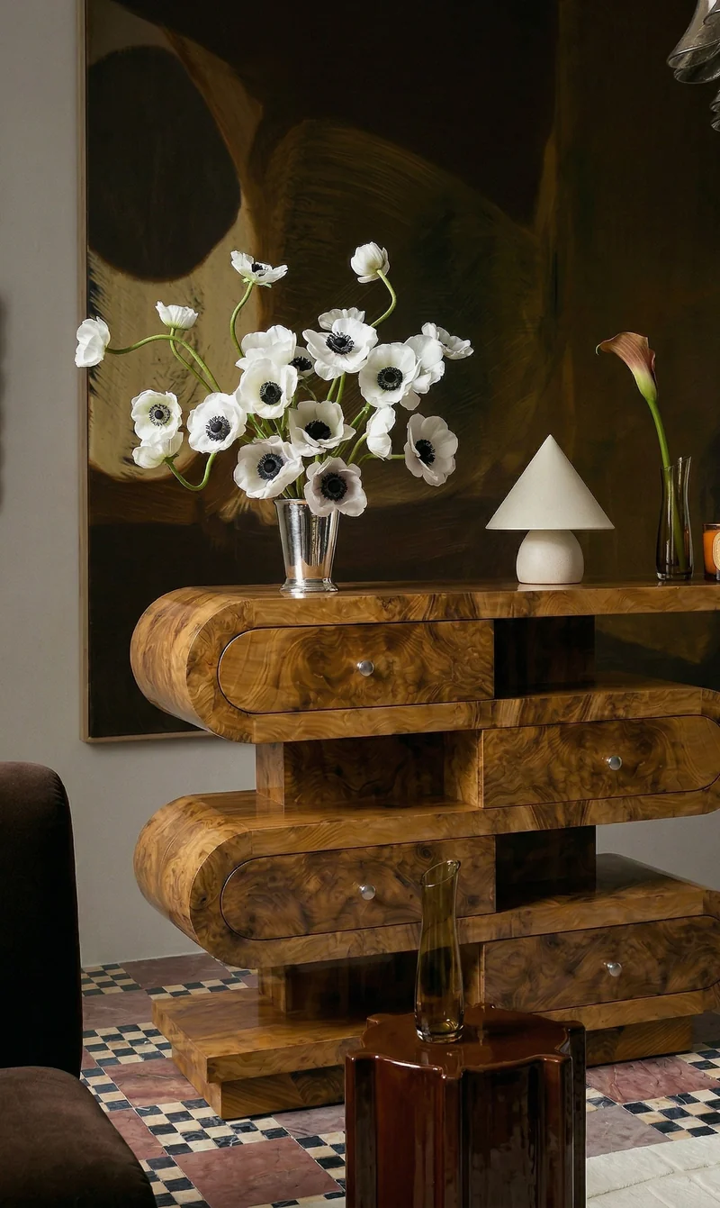 'Hebi Drawers' Olive Burl Wood Console