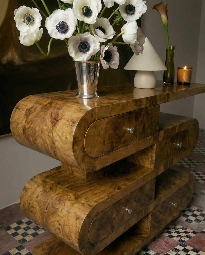'Hebi Drawers' Olive Burl Wood Console