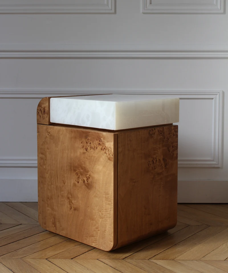 "Amo" Burl Wood and White Onyx Side Table