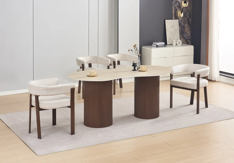 Fauteuil de table velours beige noyer - Mura x4