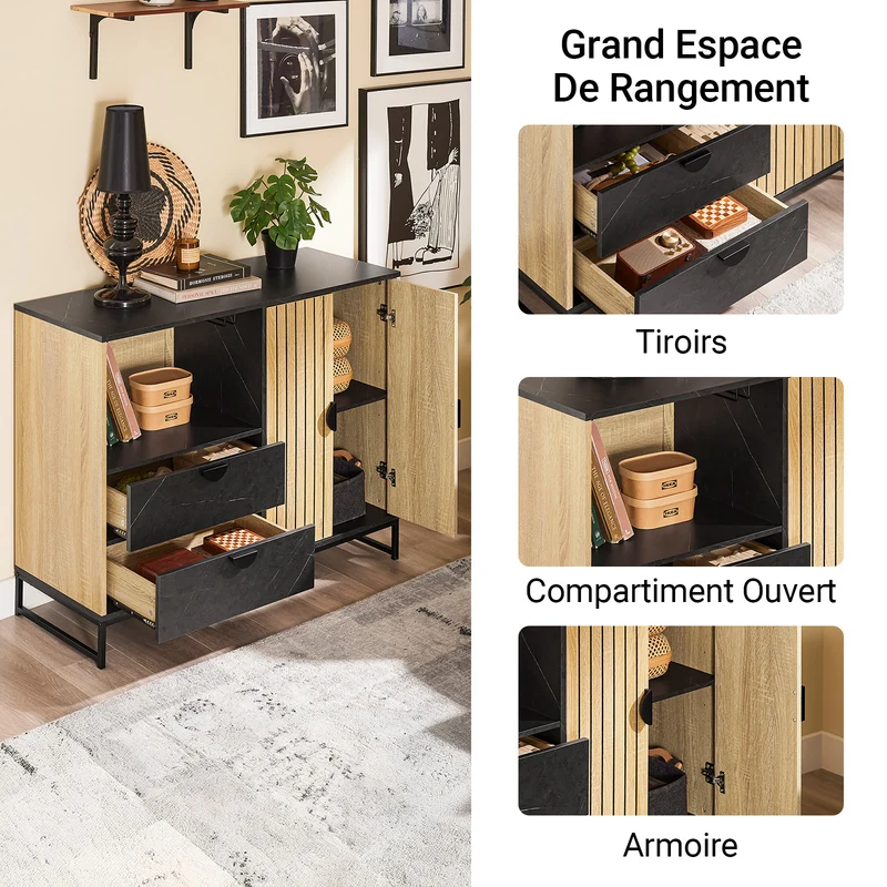 SoBuy FSB103-N Buffet Cuisine avec Niche Micro-Ondes et Étagère Réglable – L107 × P40 × H85 cm, Chêne / Noir