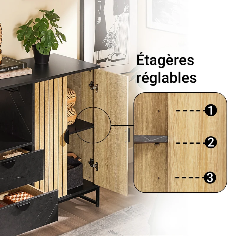 SoBuy FSB103-N Buffet Cuisine avec Niche Micro-Ondes et Étagère Réglable – L107 × P40 × H85 cm, Chêne / Noir