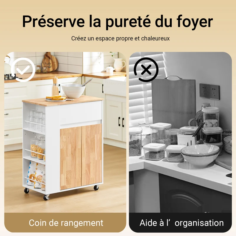 SoBuy FKW132-WN Desserte Cuisine avec Roues, pour Cuisine et Salle à Manger, Rangement Optimisé, Design Fonctionnel – L70×P40×H90 cm, Bois d’Hévéa, Blanc