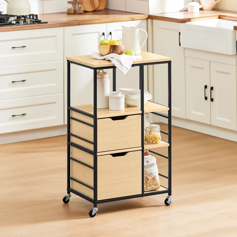 SoBuy FKW111-N Desserte de Cuisine avec 2 Tiroirs, 3 Étagères et 4 Roulettes 360° – L53×P37×H89 cm, PB et Acier, Noir et Naturel