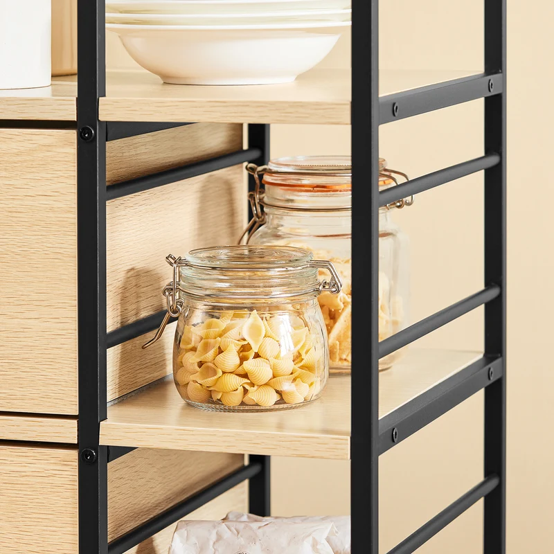 SoBuy FKW111-N Desserte de Cuisine avec 2 Tiroirs, 3 Étagères et 4 Roulettes 360° – L53×P37×H89 cm, PB et Acier, Noir et Naturel