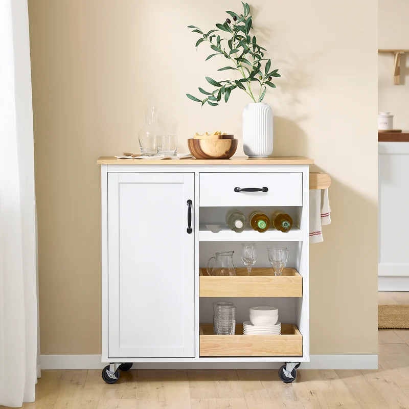SoBuy FKW131-WN Desserte Cuisine avec Roues, pour Cuisine et Salle à Manger, Rangement Optimisé, Design Fonctionnel – L92×P42×H87 cm, Bois d’Hévéa, Blanc