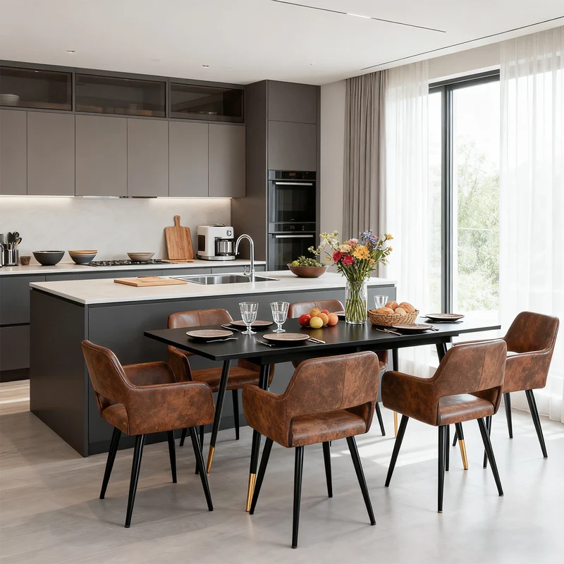 Ensemble de salle à manger comprenant une table extensible et 6 chaises avec accoudoirs en suédine marron