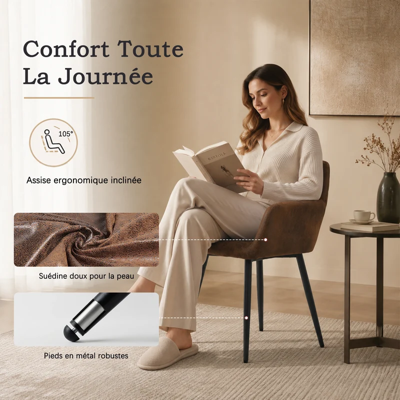 Ensemble de salle à manger comprenant une table extensible et 6 chaises avec accoudoirs en suédine marron