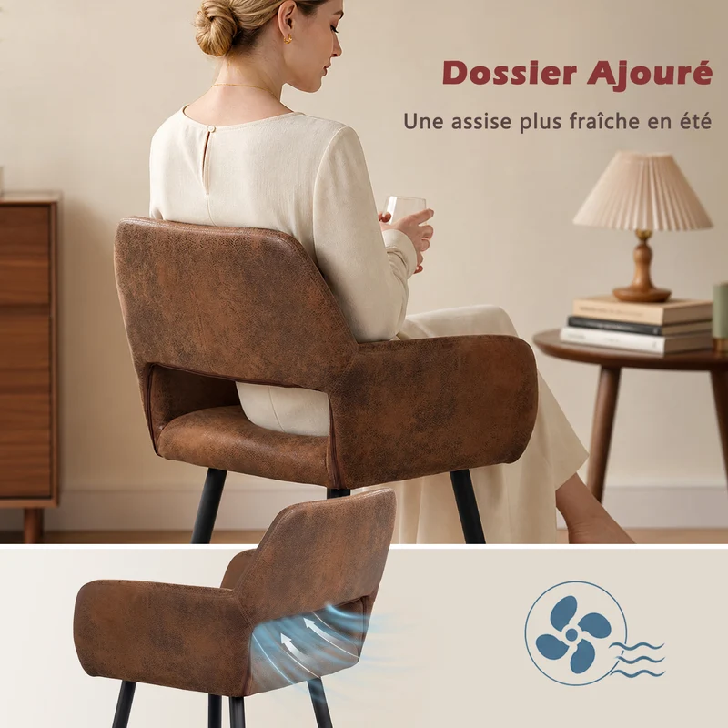 Ensemble de salle à manger comprenant une table extensible et 6 chaises avec accoudoirs en suédine marron