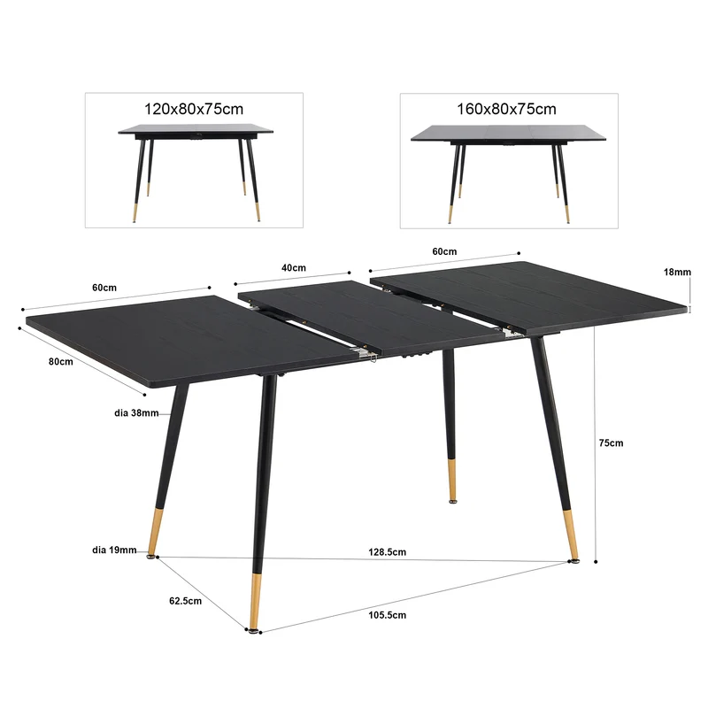 Ensemble de salle à manger comprenant une table extensible et 4 chaises en suédine avec assises rembourrées