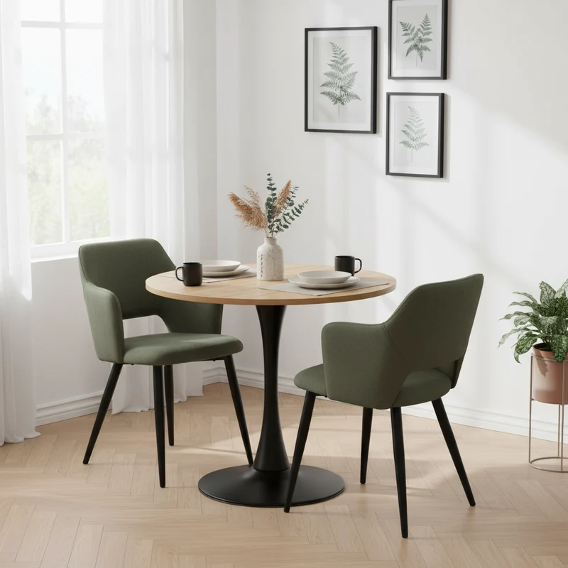 Ensemble de salle à manger de style scandinave composé d'une table ronde en chêne et de 2 fauteuils en tissu vert