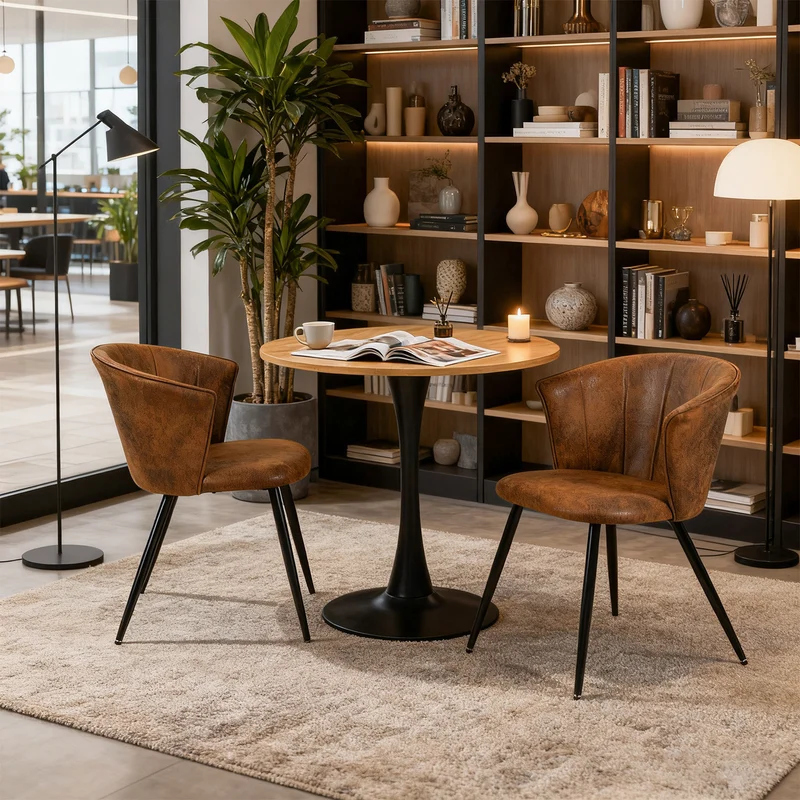 Ensemble de salle à manger de style vintage composé d'une table ronde en chêne et de 2 fauteuils en suédine marron